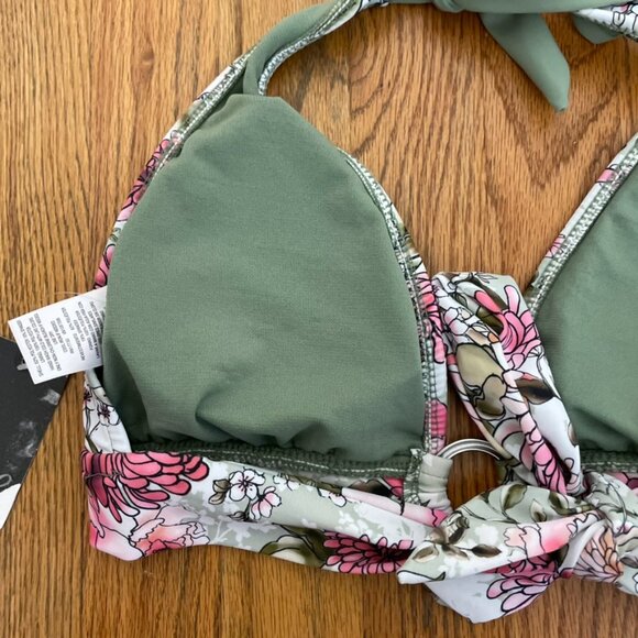 NEW NWT MOSSIMO Ring Halter Triangle Bikini Top Green Pink White Floral JRS ? XL - Picture 12 of 14